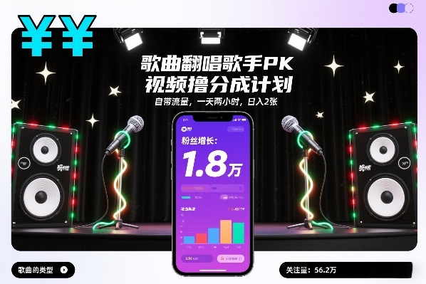 歌曲翻唱歌手PK视频撸分成计划，自带流量，一天两小时，日入2张-58创客