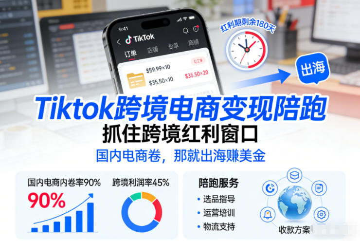 Tiktok跨境电商变现陪跑,抓住跨境红利窗口,国内电商卷,那就出海賺美金-58创客
