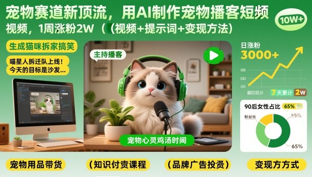 宠物赛道新顶流,用AI制作宠物播客短视频,1周涨粉2W(视频+提示词+变现方法)-58创客