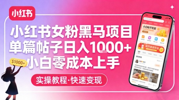 小红书女粉黑马项目，单篇帖子日入1k+，小白零成本上手-58创客