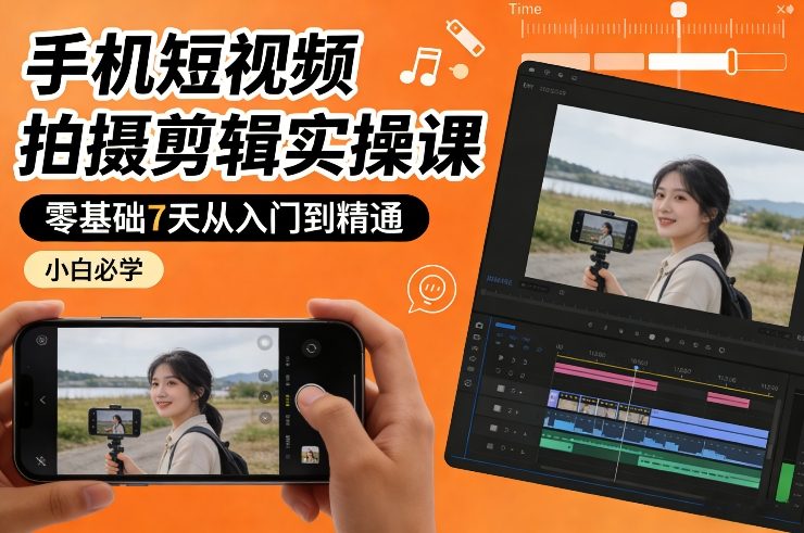 手机短视频拍摄剪辑实操课，零基础7天从入门到精通，小白必学-58创客