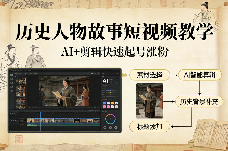 历史人物故事短视频教学，AI+剪辑制作历史人物题材短视频，快速起号涨粉-58创客