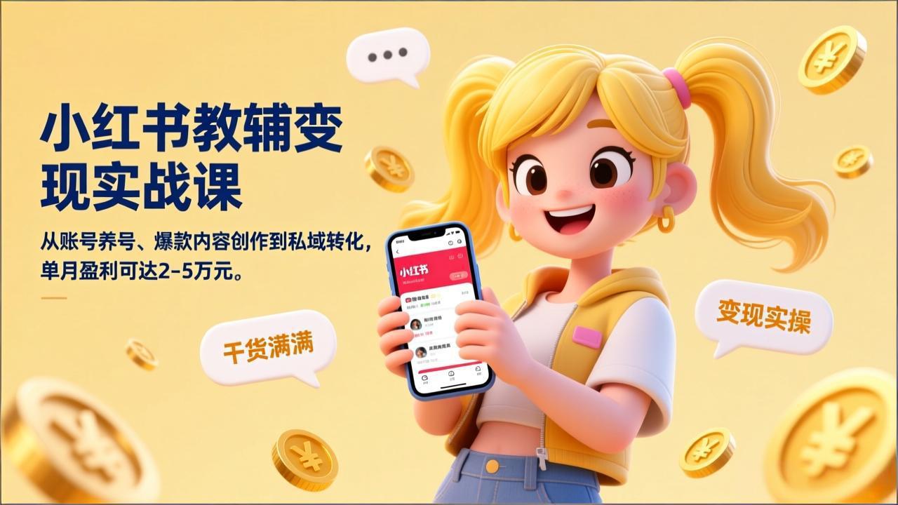 小红书教辅变现实战课，从账号养号、爆款内容创作到私域转化，单月盈利可达2-5万元-58创客