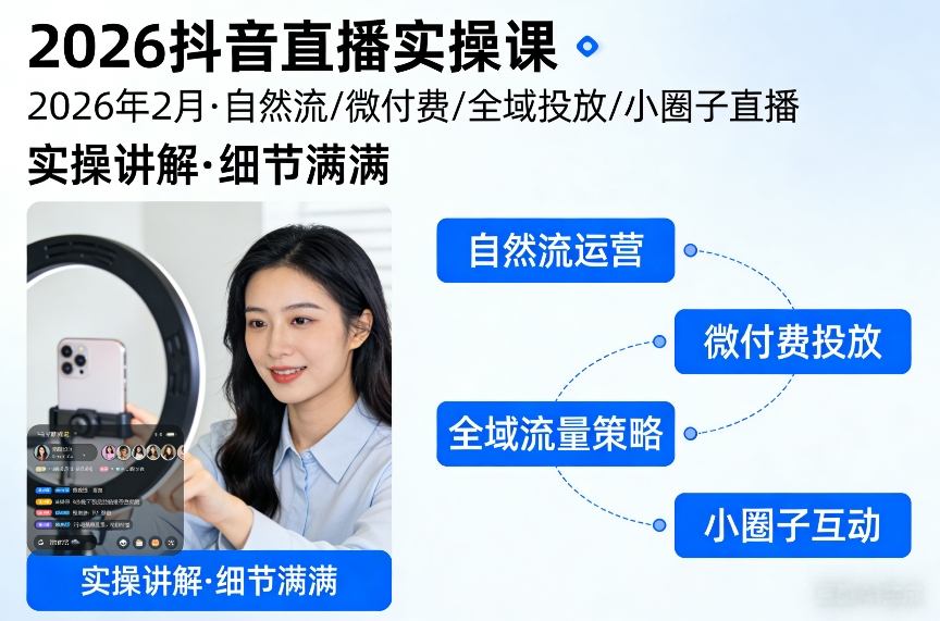 2026抖音直播实操课2026年2月，自然流、微付费、全域投放、小圈子直播，实操讲解，细节满满-58创客