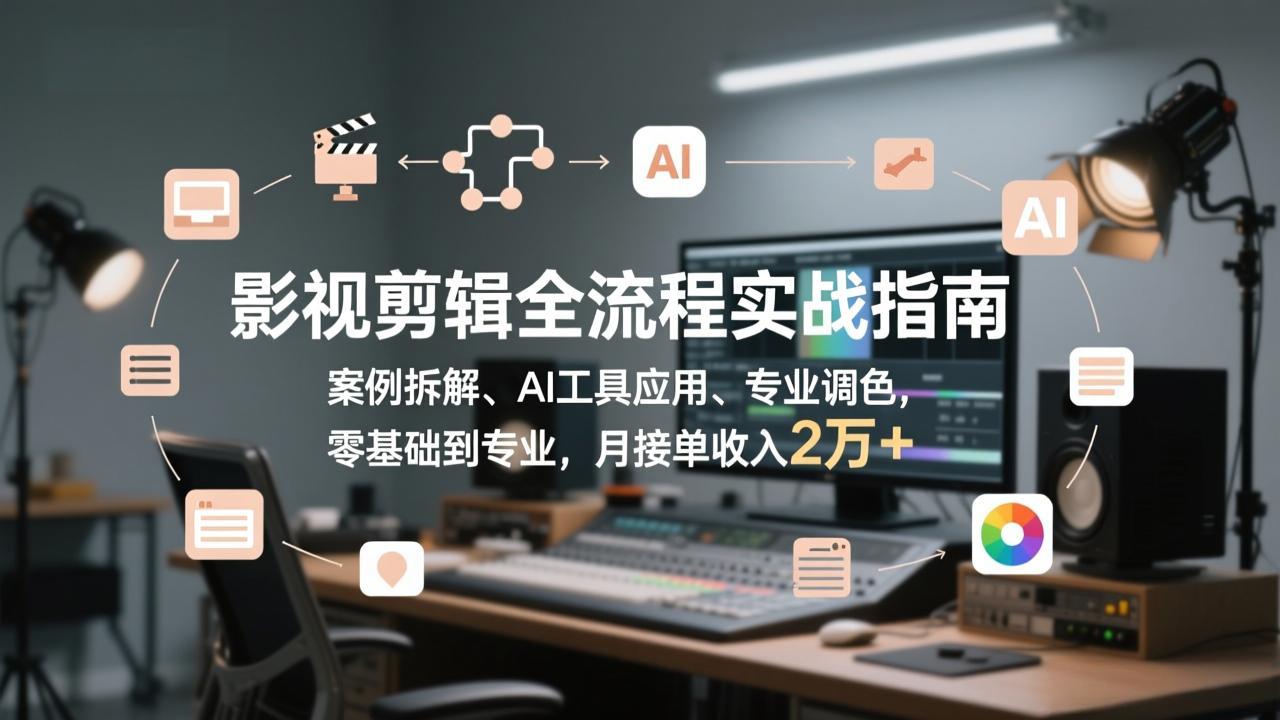 影视剪辑全流程实战指南，案例拆解、AI工具应用、专业调色，零基础到专业，月接单收入2万+-58创客