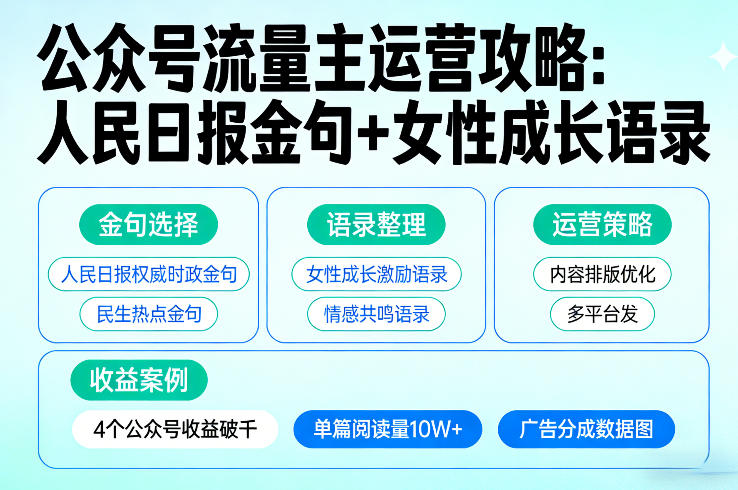 利用人民日报金句+女性成长语录做公众号流量主，4个公众号收益破千-58创客