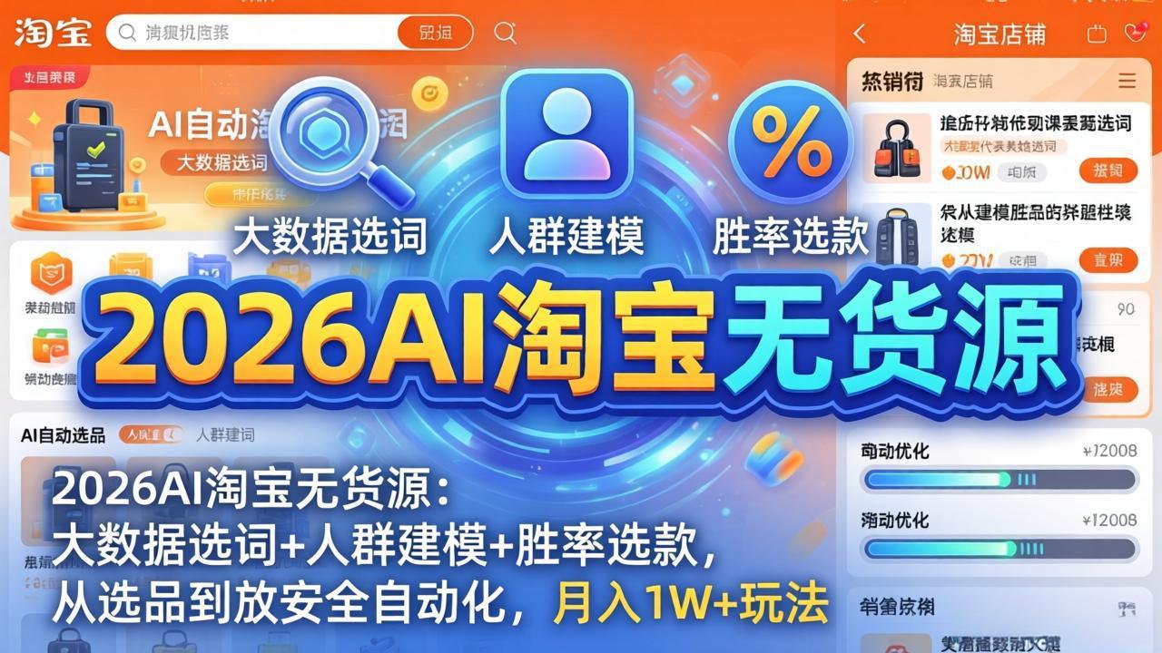 2026AI淘宝无货源：大数据选词+人群建模+胜率选款，从选品到放大全自动化，月入1W+玩法-58创客