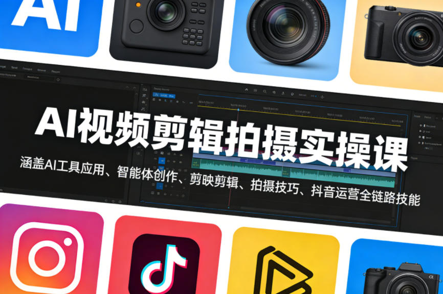 AI视频剪辑拍摄实操课，涵盖AI工具应用、智能体创作、剪映剪辑、拍摄技巧、抖音运营等全链路技能-58创客