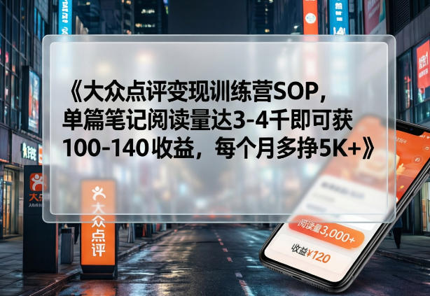 大众点评变现训练营SOP，单篇笔记阅读量达3-4千即可获100-140收益，每个月多挣5K+-58创客