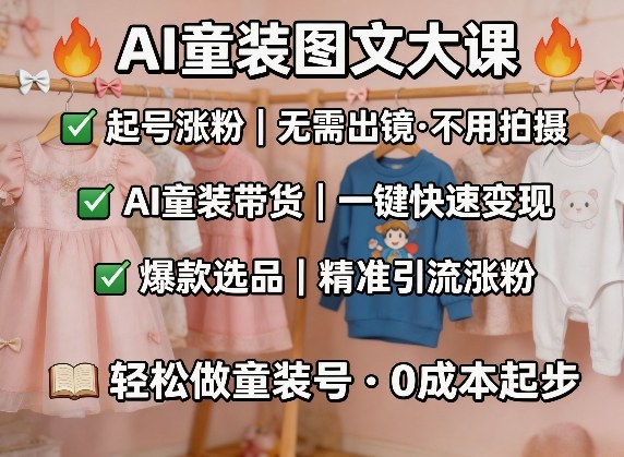 AI童装图文剪辑，某社群童装图文大课，起号涨粉、AI童装带货、爆款选品，无需出镜和拍摄-58创客