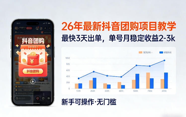 26年最新抖音团购项目教学，0门槛，最快3天出单，单号月稳定收益2-3k-58创客