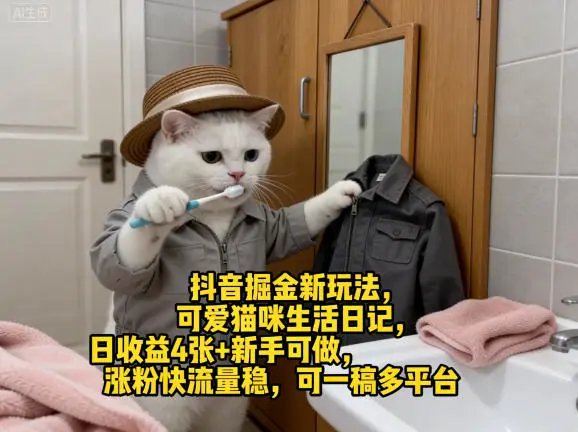 抖音掘金新玩法,可爱猫咪生活日记,日收益4张+新手可做,涨粉快流量稳,可一稿多平台-58创客