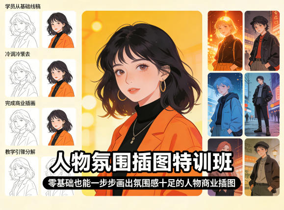 人物氛围插图特训班，零基础也能一步步画出氛围感十足的人物商业插图-58创客