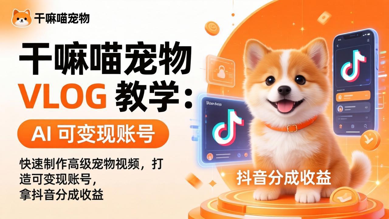 干嘛喵宠物 VLOG 教学：AI 快速制作高级宠物视频，打造可变现账号，拿抖音分成收益-58创客