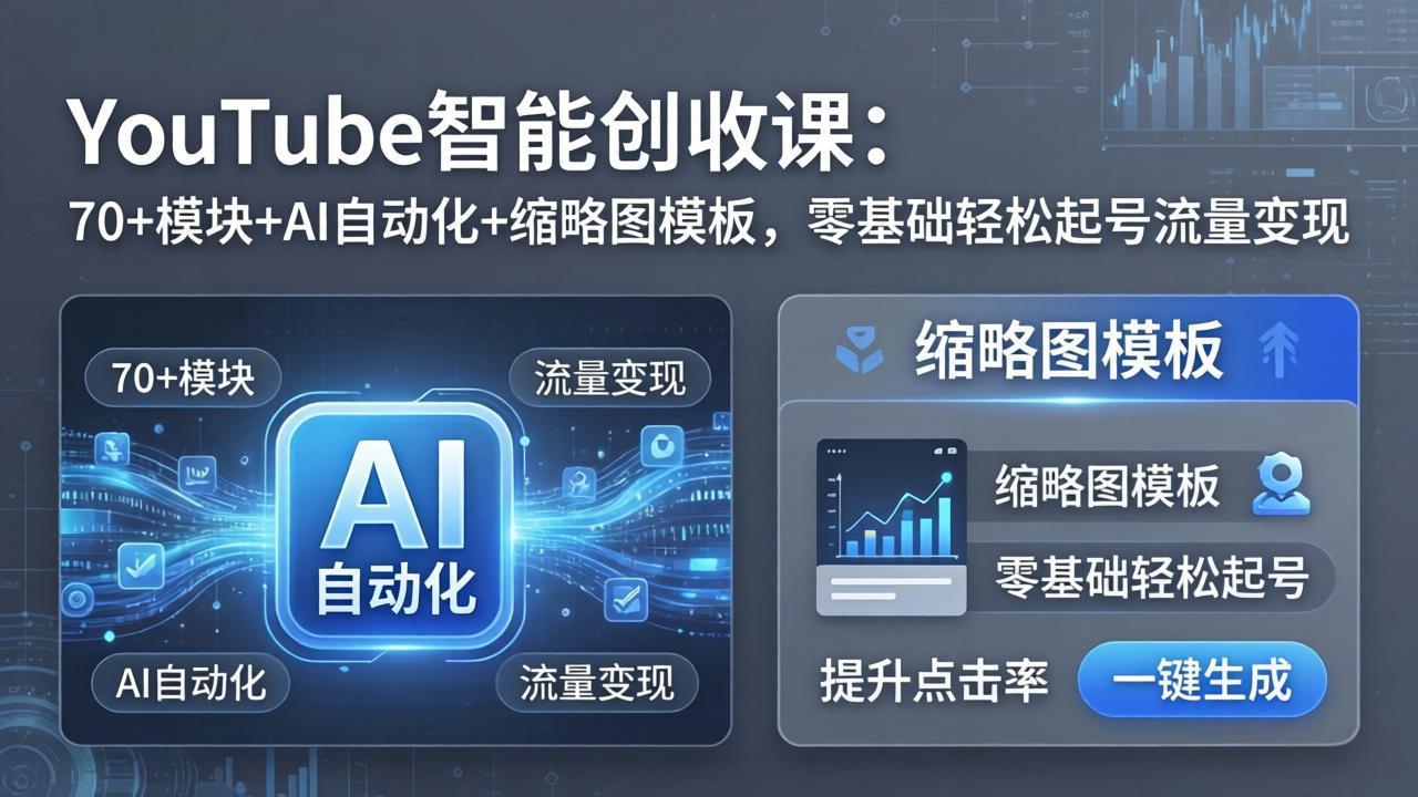 YouTube智能创收课：70+模块+AI自动化+缩略图模板，零基础轻松起号流量变现-58创客