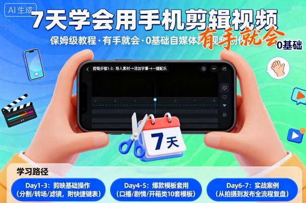 7天学会用手机剪辑视，保姆级教程，有手就会，0基础自媒体短视频创作教程-58创客网