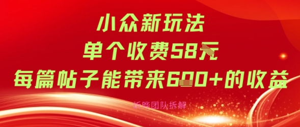 小众新玩法单个收费58米每篇帖子能带来6张+的收益-58创客网