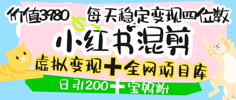 价值3980的小红书混剪， 虚拟变现 ＋全网项目库 ， 日引200+宝妈创业粉，每天稳定四位数变现-58创客