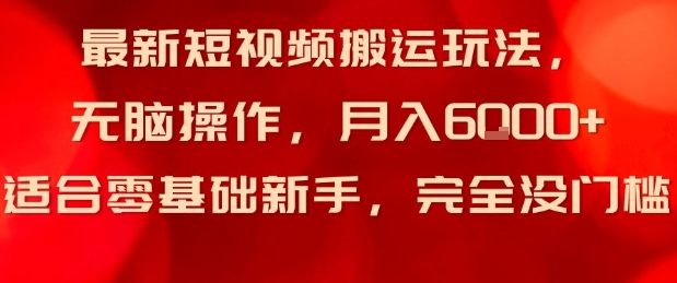 最新短视频搬运玩法，无脑操作，月入6k+适合零基础新手，完全没门槛-多米联创