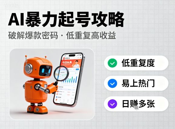 今日头条新玩法，AI暴力起号，重复度低，更容易爆，日入多张-多米联创