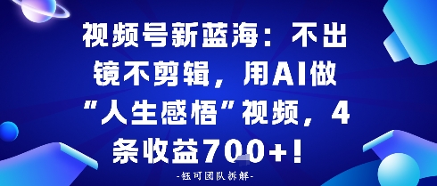 视频号新蓝海：不出镜不剪辑，用AI做“人生感悟”视频，4条收益7张-多米联创