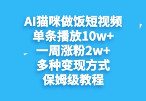 AI猫咪做饭短视频，单条播放10w+，一周涨分2w+，多种变现方式，保姆级教程-58创客网