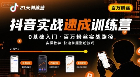 21天抖音实操训练营0基础，抖音百万粉丝实战速成-58创客网
