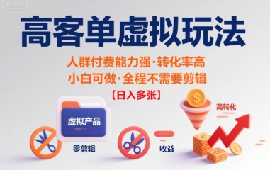 高客单虚拟玩法日入多张，人群付费能力强转化率高，小白可做 全程不需要剪辑-58创客网