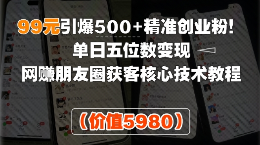 99元引爆500+精准创业粉！单日五位数变现，网创朋友圈获客核心技术教程-58创客网