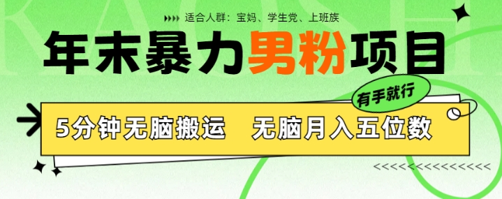 年末暴力男粉项目，5分钟无脑搬运，无脑月入五位数，举一反三，放大收益-58创客网