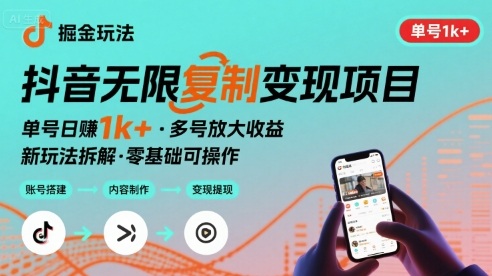 抖音掘金新玩法 单号1k+可以无限复制的项目-58创客网