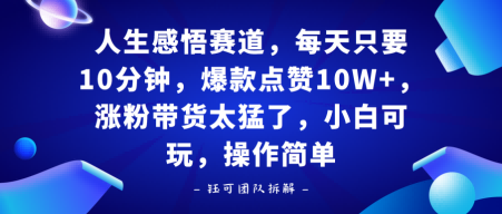 人生感悟赛道，每天只要十分钟，爆款点赞10W+，涨粉带货太猛了，小白可玩，操作简单-58创客网