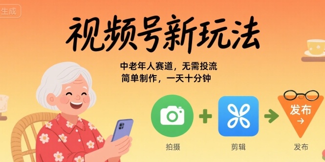 视频号新玩法，中老年人赛道，无需投流，简单制作，一天十分钟，月入1W-多米联创