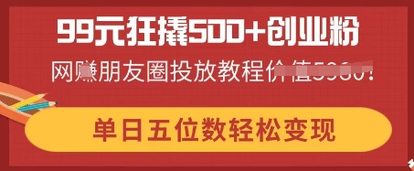 99元狂撬500+创业粉，单日五位数轻松变现，网创朋友圈投放教程-多米网络