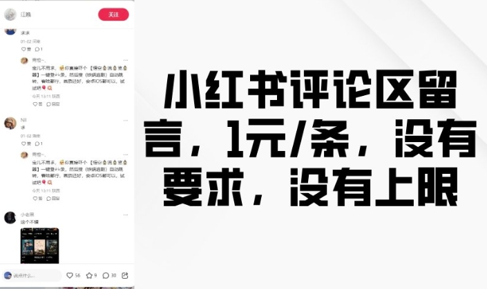 小红书评论区留言，1元条，没有要求，没有上限-多米网络