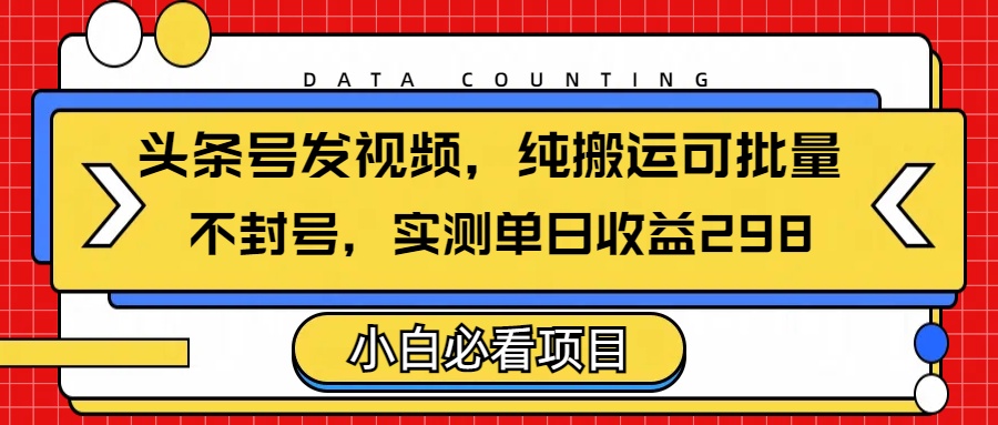 头条发视频，纯搬运可批量，不封号玩法实测单日收益单号298-多米网络
