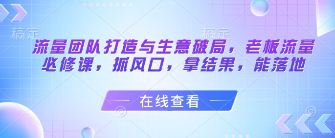 流量团队打造与生意破局，老板流量必修课，抓风口，拿结果，能落地-58创网