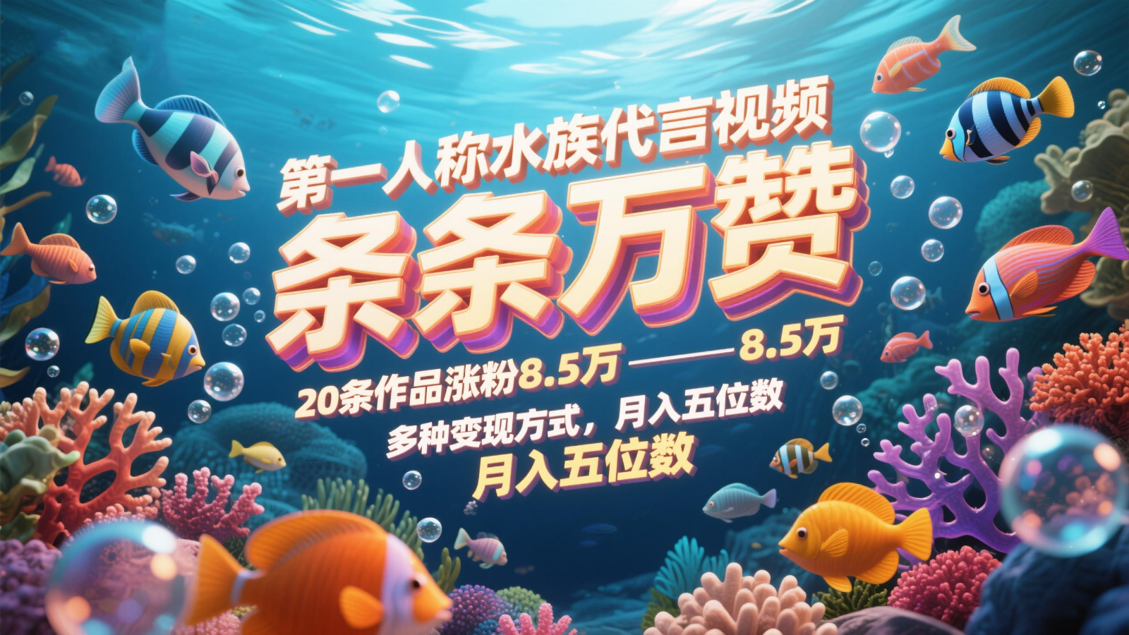第一人称水族代言视频，条条万赞，20条作品涨粉8.5万，多种变现方式月，入五位数-米创网