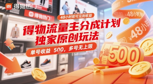 得物流量主分成计划独家原创玩法，48小时即可见到收益，单号收益5张，多号无上限【揭秘】-米创网