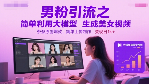 男粉引流之简单利用大模型生成美女视频，条条原创爆款，简单上传制作，变现日1k+-米创网